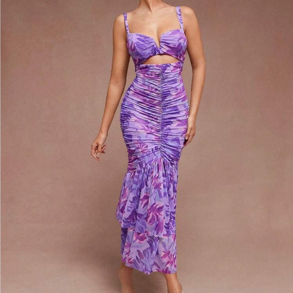 Elegant Purple Floral Cutout Dress